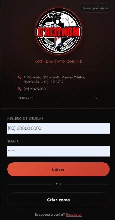 Tela de agendamento online do app Barbearia Monteiro