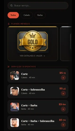 Tela de seleção de serviços do app Barbearia Monteiro