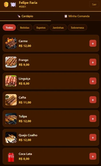 Tela de cardápio digital do app O Quintal na Brasa
