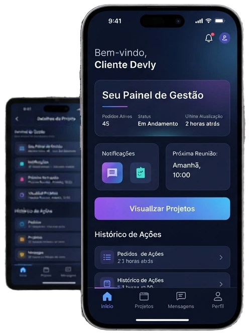 Celulares exibindo a tela de um aplicativo de gestão