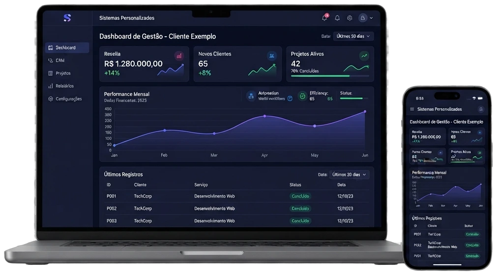 Notebook e celular exibindo um dashboard de sistema personalizado